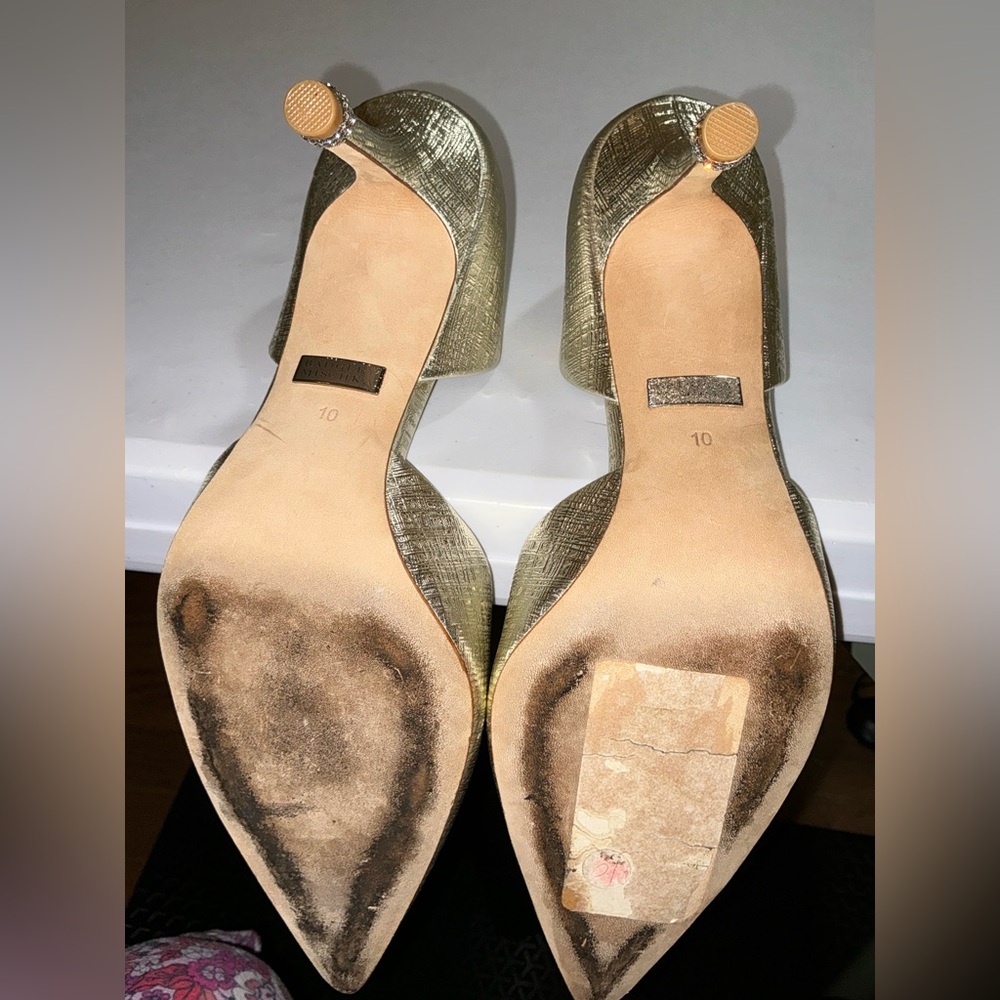 BADGLEY MISCHKA Metallic Gold Heels Rhinestone Trim 10 M - Picture 13 of 16